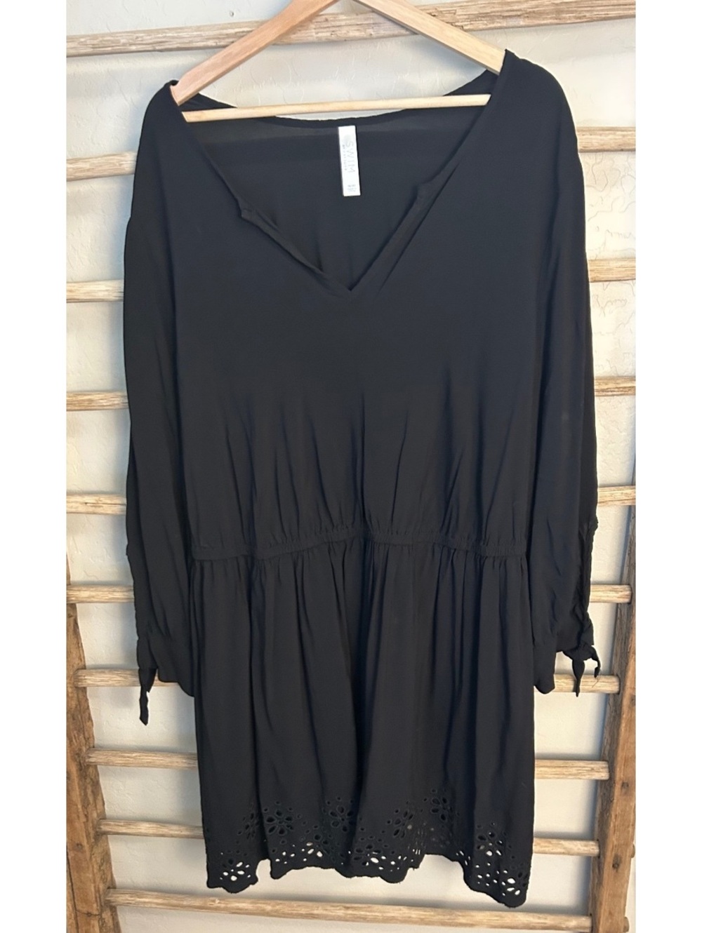 Swim by Cacique Black Plus Size Dress with Eyelet Hem and Tie Sleeves, Size 18/